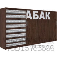 Торговый шкаф для сигарет с тремя дверями купе на восемь полок с пушерными толкателями в открытом состоянии