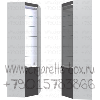 Витрина внутренний угол с пятью стеклянными полками с П-образной подсветкой и с тонированными дверками вместе