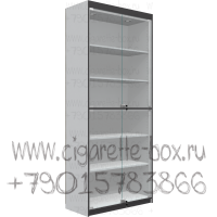 Торговая витрина с полками из лдсп и стеклянными дверками с П-образной подсветкой в выключенном состоянии