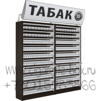 Шкаф двойной для сигарет с 10-ю синхронизированными шторками с рекламным боксом в открытом состояние