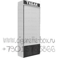 Шкаф стеллаж для табачного магазина с наклонными полками и тумбой для хранения товара в комплекте с рулонной шторкой